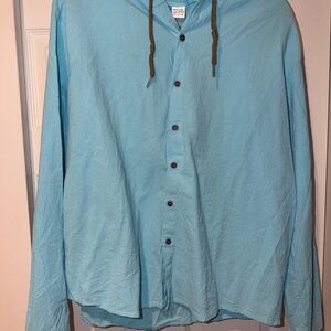 Light Blue Button-Up casual pool or beach Shirt with hoodie